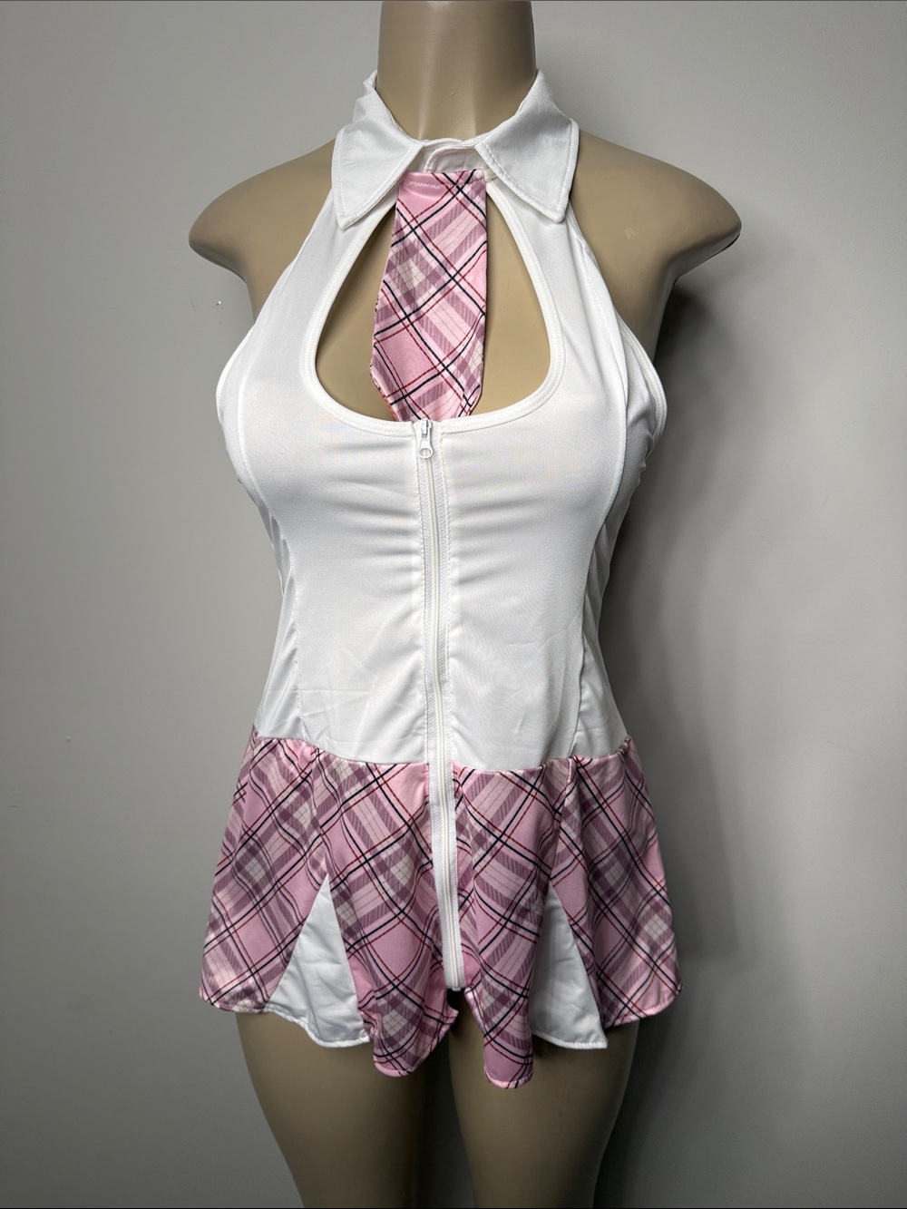 White & Pink Plaid Halter Schoolgirl Romper